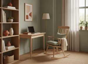 کنج کار خانگی با کتابخانه مدولار چوبی، آباژور برنجی و صندلی راک در نور گرم