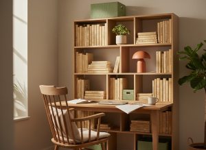 کنج کار خانگی با کتابخانه مدولار چوب راش، صندلی راک و آباژور سرامیکی
