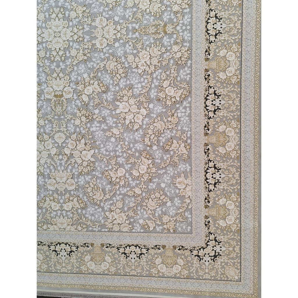 فرش ماشینی 1200 شانه گل برجسته اصل تراکم 3600 طرح افشان طلاکوب زمینه ترمه ای (فیلی) 12 متری جنس اکرولیک