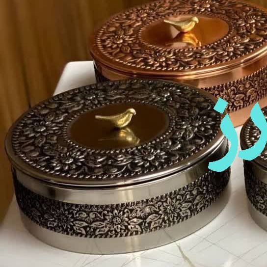 سرویس پذیرایی 3تایی(گز خوری) گلبرگ مسی کروم شده سه سایزی نانو شده رنگ ثابت