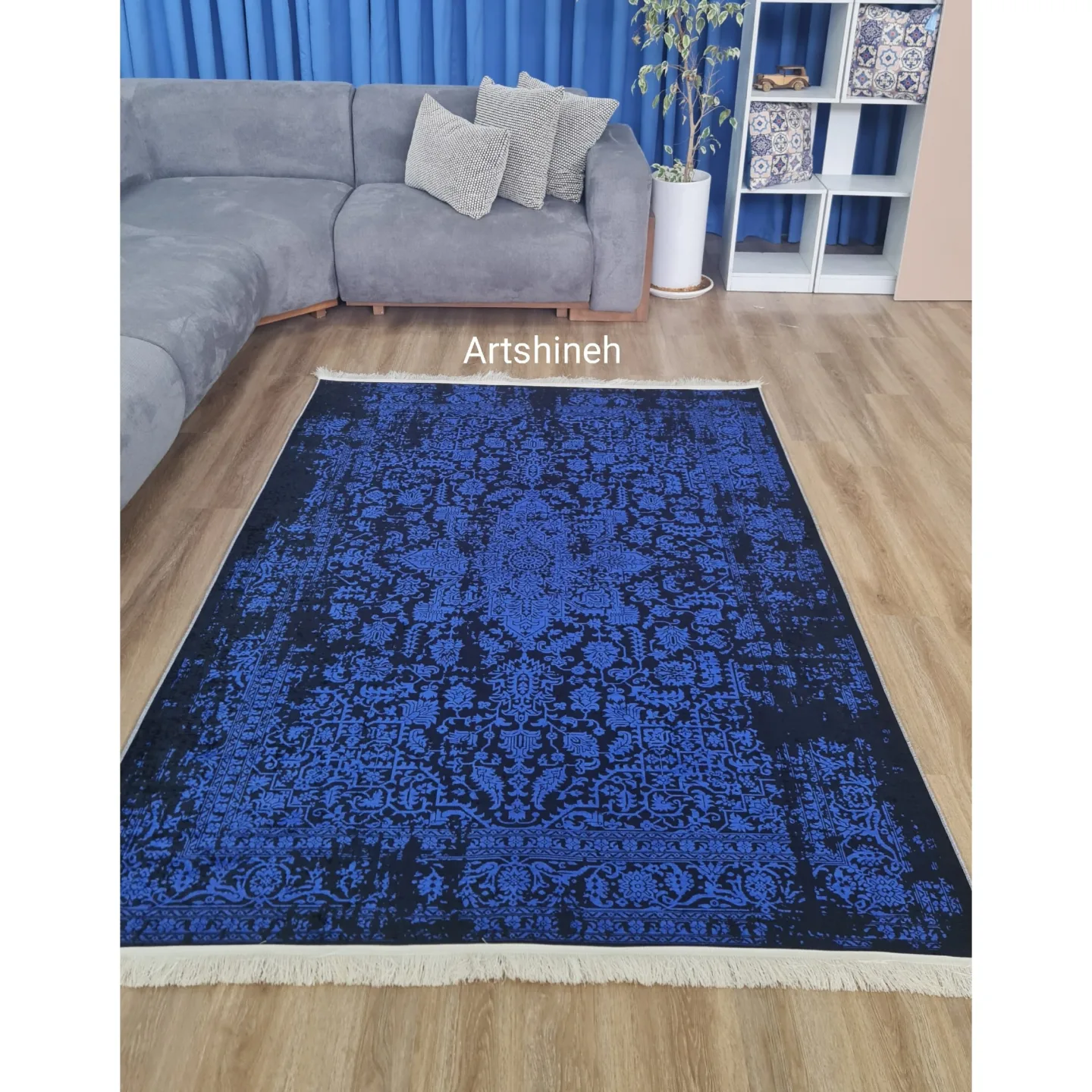 فرش مخمل مدرن آبی مشکی لوکسینو U178 (پس کرایه)