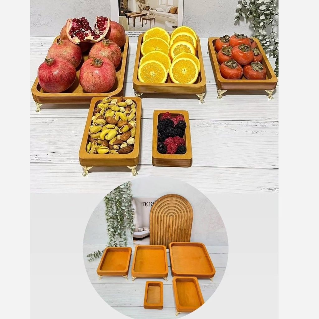 ست سینی پنج تایی چوبی پایه دار