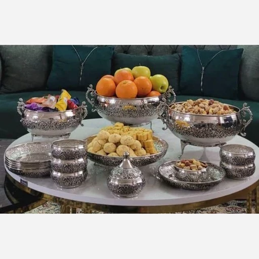 سرویس پذیرایی مسی کروم شده و نانو شده مدل اطلس گل کاری شده 4 تیکه چکش کاری