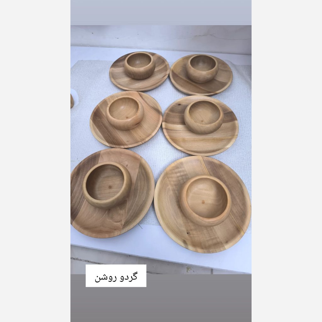 6 عدد کاسه چوبی ده سانتی و 6 عدد بشقاب چوبی 20 سانتی